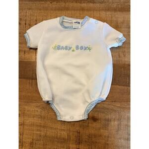 Toddle Tyke Vintage Baby one piece Snaps White With Blue Embroidery New Born